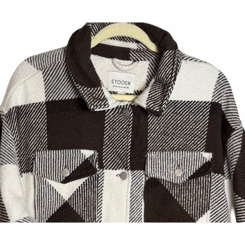 Stoosh Plaid Fringe Shacket Jacket Women's XL Brown Cream Button Front Buffalo